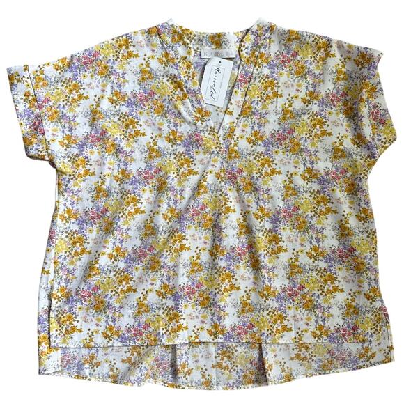 Karlie Floral V Neck Pleated Flowing Top Yellow Size Large - Picture 6 of 13